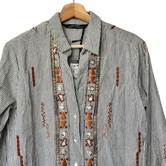 NWT Zara Collection S Striped Embroidered Embellished cotton Button Up Shirt - Picture 6 of 14